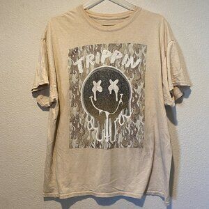 Trippin Graphic T-Shirt XL Tan‎ Dripping Smiley Face Streetwear Tee